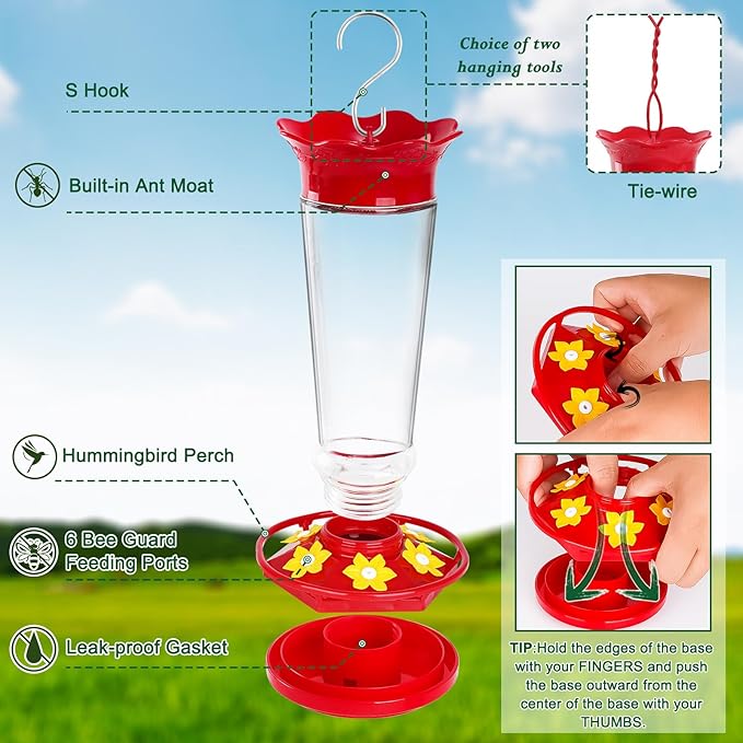 Gbekery Glass Hummingbird Feeders for Outdoors Hanging Ant and Bee Proof Clear 10 OZ 2 Pack Bird Feeders for Outside Hanging 6 Feeding Stations Bird Nectar Feeder for Garden Yard Décor Gifts for Mom