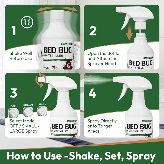 Natural Bed Bug Spray 16oz, Non-Toxic Sprayer, Plant-Based Bedbug & Dust Mite Repellent, Safe for Family & Pets, Fast-Acting Treatment for Bed Bugs, Mites