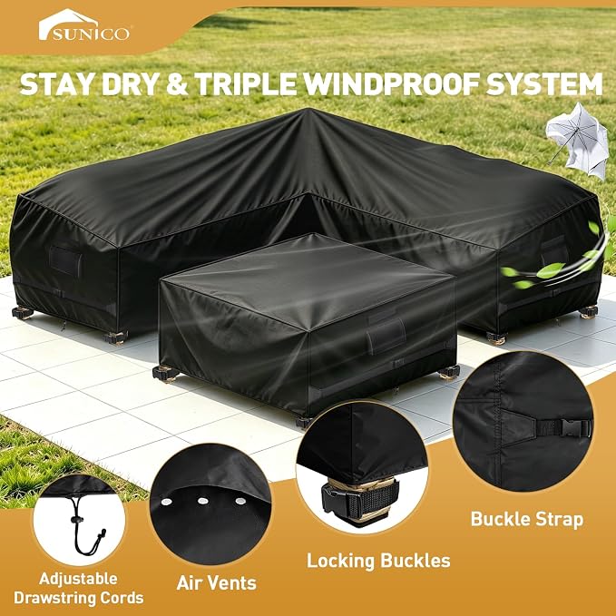 Patio V-Shaped Sectional Sofa Cover and Patio Table Cover Waterproof, 2PCS 420D Patio Furniture Covers, Fit 5-Seater Outdoor Sectional Furniture Couch and Tables, Triple Windproof and Anti-UV, Black