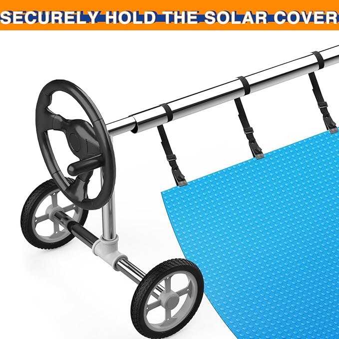 24 Pcs Pool Solar Cover Reel Attachment Kit, Solar Cover Reel Blanket Straps and Clips for Universal Inground Swimming Pool - Including 8 Adhesive Nylon Straps & Tabs, 8 Cord Plates, 8 Buckles