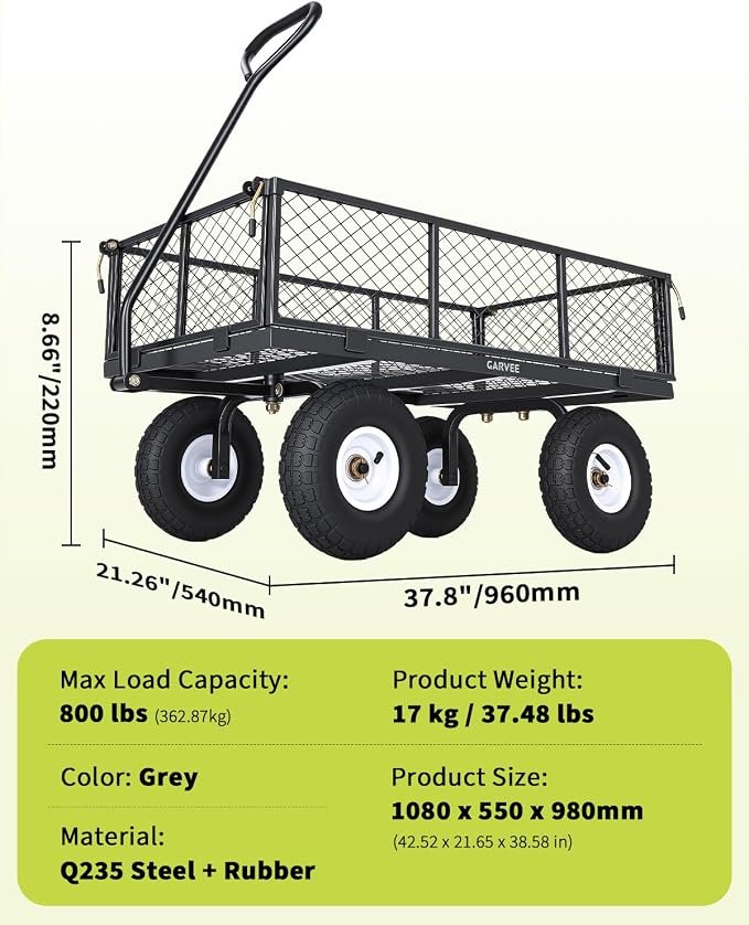 Garvee Versatile Outdoor Utility Cart - 800LBS Heavy-Duty, 10" All-Terrain Pneumatic Tires, Easy Maneuverable Lawn Cart with Removable Mesh Panels for Gardening & Landscaping, Grey