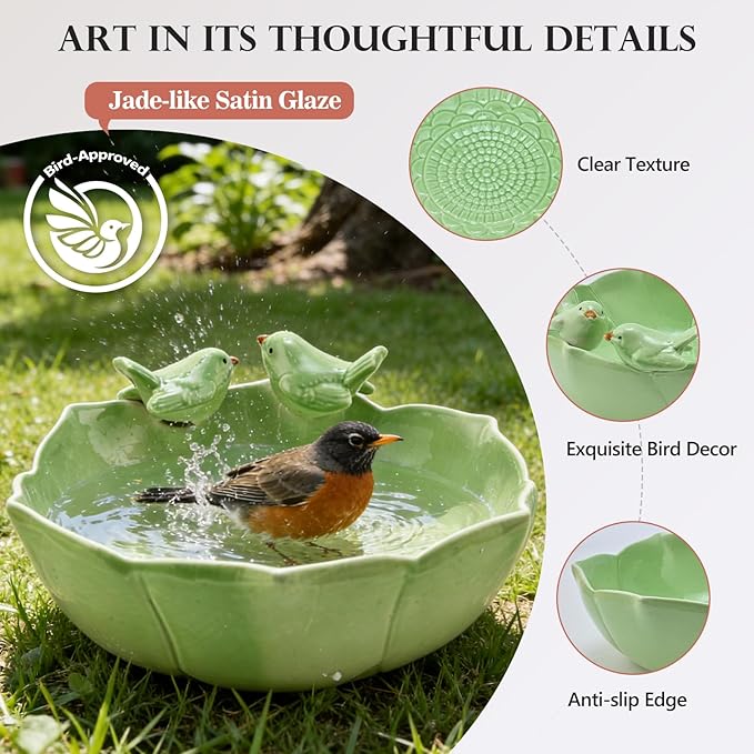 Ceramic Bird Bath for Outdoors, 10.1” Hand-Painted Glazed Ceramic Bird Baths Bowls and Feeders for Outside, UV/Frost-Resistant Finish Ground Garden Table Top Bird Baths Decor for Patio Yard Home Green