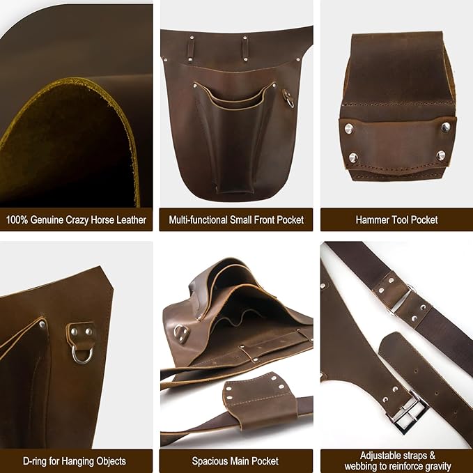 Leather Garden Tool Belts for Men - Gardeners Gifts for Women, Small Tool Belt for Florists, Electrician, Carpenter, Flower Farmer, Landscaper with Hammer Holder - Right