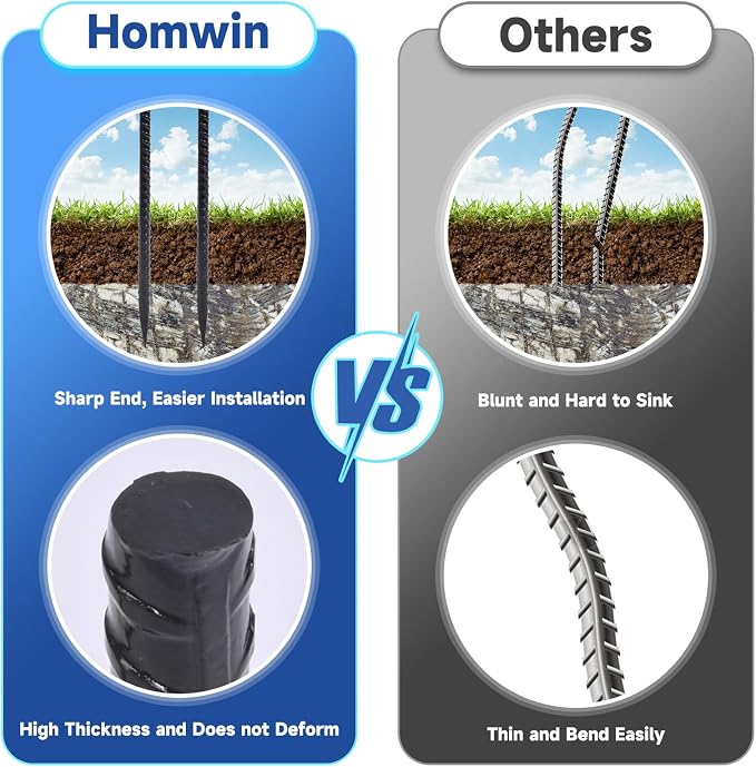 Homwin 18 inches J Hook Rebar Stakes(16 Pack) 3/8" Thick Ground Stakes Heavy Duty Fence Anchors Black, Extra Long Tent Stakes for Camping, Canopy, Trampoline, Garden Fence & Carport