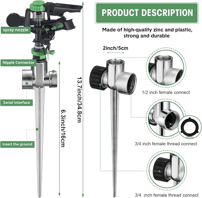 Pulsating Metal Spike Rotating Large Area Impact Sprinkler for Yard Lawn Garden (12, Black and Green)