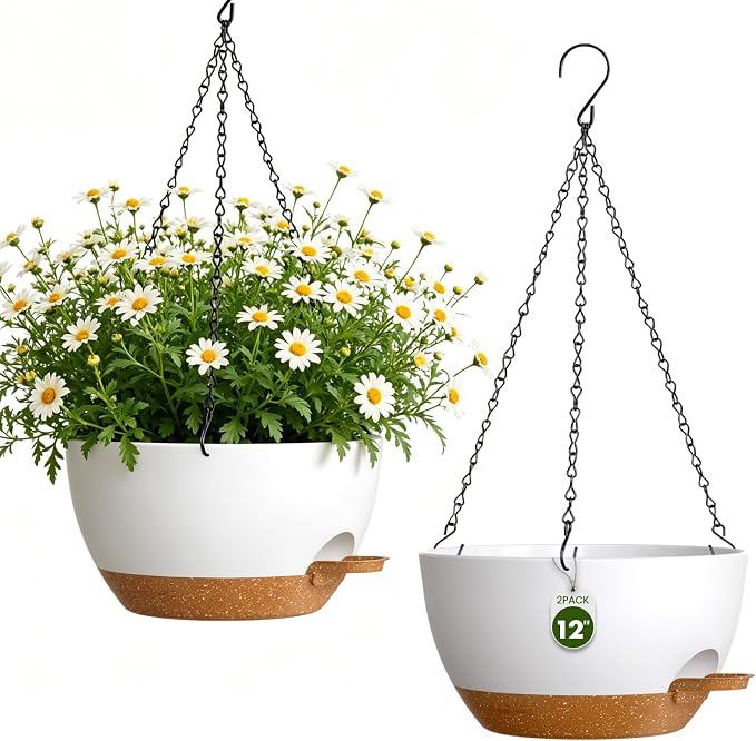 12 Inch Self Watering Hanging Planters, 2 Pack Plastic Plant Pots | Sturdy lightweight pot with side watering lip, drainage holes, snap-on detachable tray & hanging chain for easy care