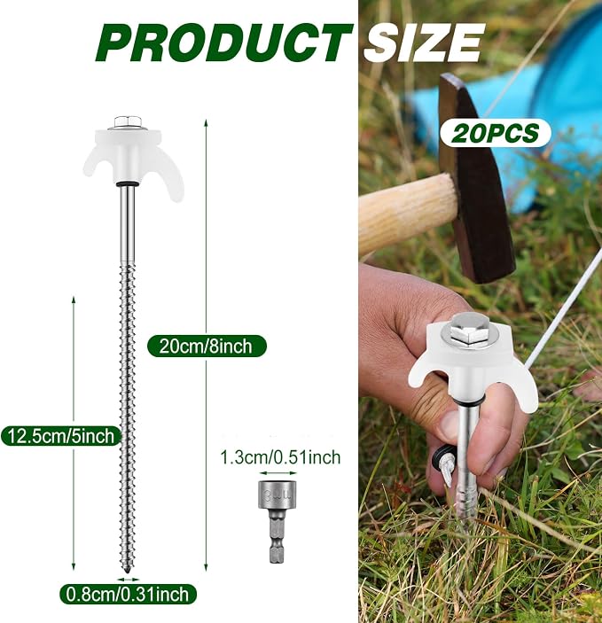 Yaocom 40 Pcs 8" Screw in Tent Stakes Heavy Duty Tent Stakes Drillable Ground Anchors Screw Metal Tent Pegs Threaded Tent Spikes with Head Driver for Swing Inflatable Decor (Illuminant White)