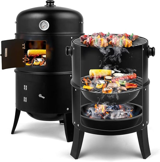 Outvita Vertical 17 Inch Charcoal BBQ Smoker, 3-in-1 Portable Outdoor Grill Cooker with Built-in Thermometer for Outdoor Backyard Cooking Grilling Camping