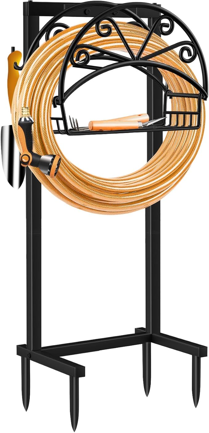 TomCare Garden Hose Holder Heavy Duty Water Hose Holder Holds 160 FT Hoses 4 Spikes Hose Reel Freestanding Hose Hanger Sturdy Hose Storage Stand for Outside Yard Lawn