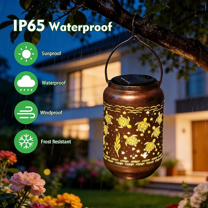 HONGLAND Sea Turtle Solar Lanterns Outdoor Waterproof Hanging Garden Decor, Gifts for Mom Grandma Women, Solar Lights Metal LED with Shepherd Hook for Patio Yard Porch Lawn