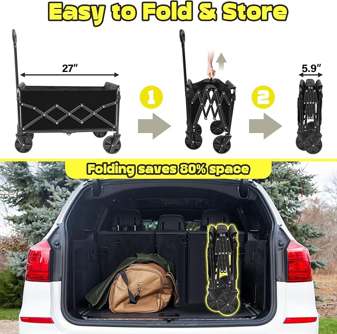 Collapsible Wagons Carts Foldable, 360lbs Portable Folding Wagon Cart with Wheels, Foldable Wagon Cart Utility for Camping, Beach, Grocery, Shopping, Sports, Garden