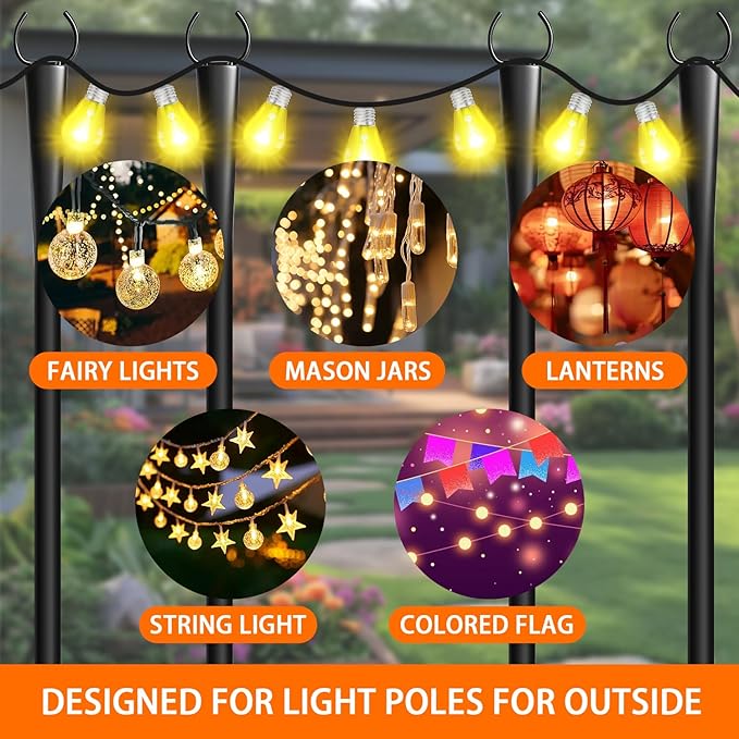 2 Pack 10Ft String Light Poles, Metal Poles with Fork for Outside Lights,Outdoor Metal Light Stand with Fence Brackets Hanging Lights for Garden Patio Wedding Backyard Deck Party