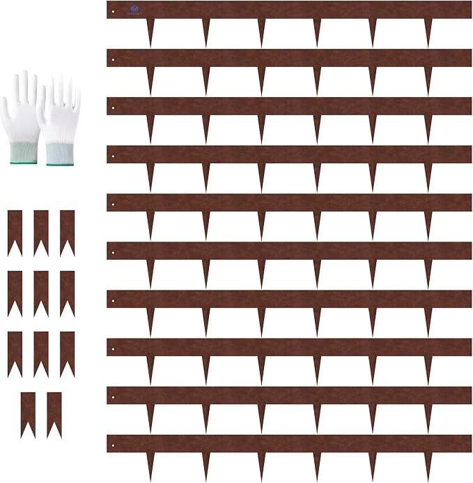 33ft. Metal Edging for Landscaping 10 Pack, 5 inch Rusted Steel Landscape Edging with 11 Stakes & Gloves, Bendable Hammer-in Garden Edging Border for Yard Pathway & Flower Beds (40" L x 5" H)