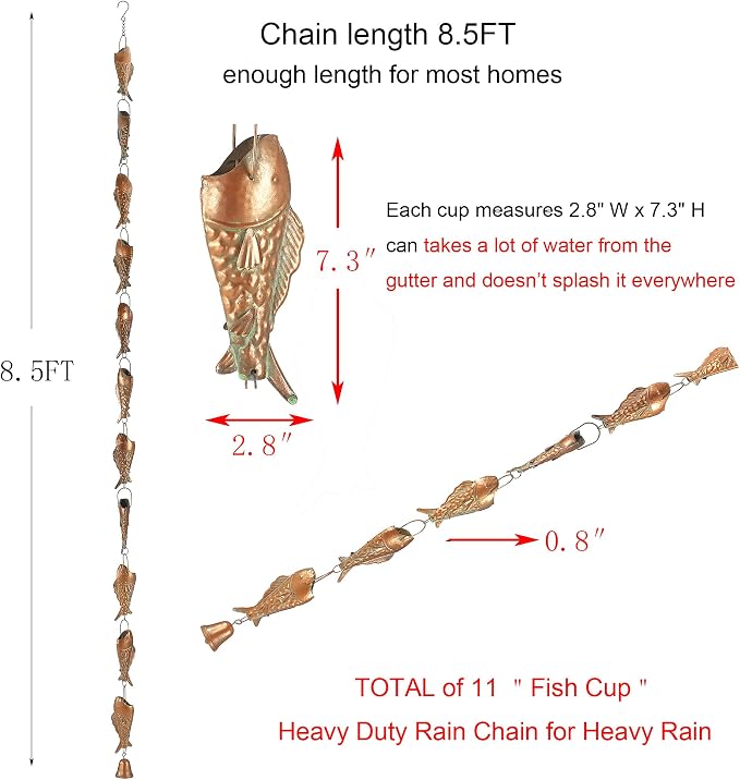 Copper Patina Rain Chain with Rainbow Trout for Heavy Rain, Functional and Decorative Replacement Downspout Chain for Outside, Rain Catcher Chain for Gutters, 8.5FT
