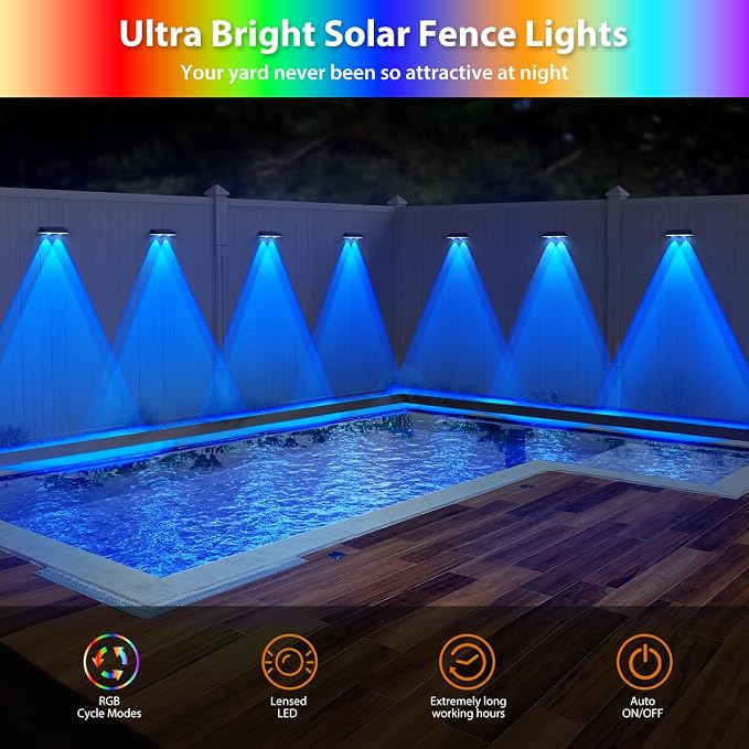 Solar Fence Lights ,RGB & Warm White & 6 Colors Bright Lens LED Dusk to Dawn Deck Light, Fence Solar Lights Outdoor Waterproof, Solar Outdoor Lights for Backyard/Railing/Wall/Step/Patio/Pool (8Pack)