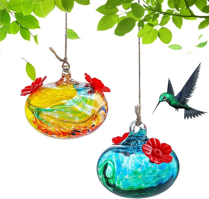 Pack 2 Blown Glass Hummingbird Feeders for Outdoors 3inch Small Glass Humming Bird Feeder for Window Hanging Ant and Bee Proof Humming Birds Feeders Decor for Garden Tree