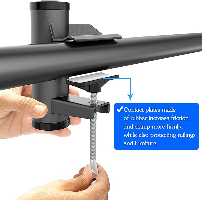 Outdoor Umbrella Clamp, Stainless Steel Umbrella Holder, Adjustable Deck Umbrella Mount with Umbrella Hook Accessory Mount for Picnic Table, Bleachers, Railing (Black)