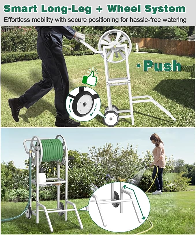 Artigarden Hose Reel Cart with 2 Wheels, Garden Water Hose Holder Heavy Duty Powder Coated Steel Outdoor Winder Storage Holds 125 ft 5/8" Hoses with Basket and 3.9ft Leader Hose for Backyard, White