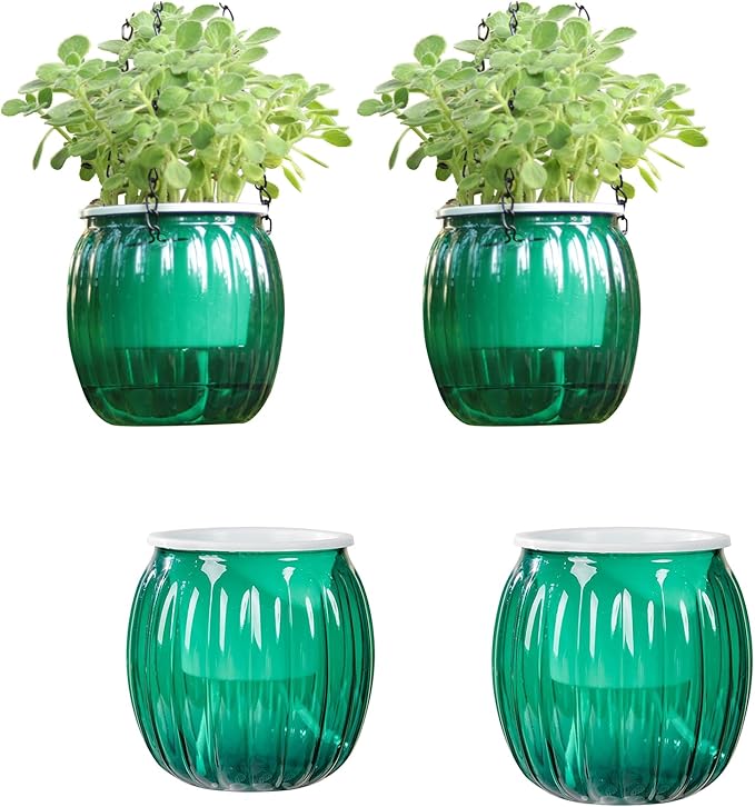 Cornasee 4" Pumpkin Planter Self Watering Pot, 4-Pack Small Plastic Planters for Indoor Plants,Snake Plant,Succulent,African Violets Green
