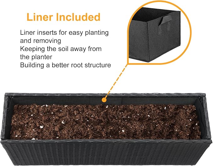 SUNNYPARK Black Rectangular Planter Box All-Weather PE Rattan Large Modern Planters with Removable Liner Indoor Outdoor Decorative Flower Pot for Patio, Balcony, Garden