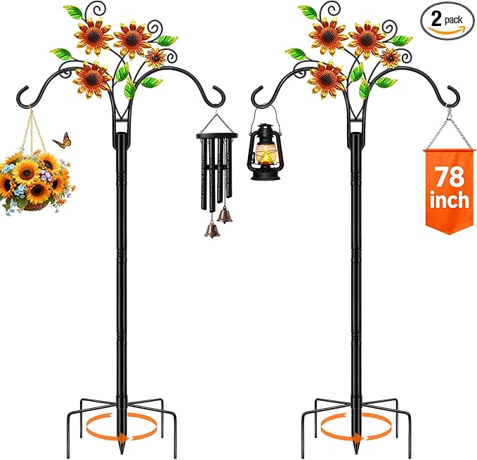 Double Shepherds Hooks for Outdoor, 2 Pack 78 Inch Bird Feeder Pole with 5 Prongs Base, Adjustable Heavy Duty Plant Hangers Sunflower Art for Outdoor Plants Hummingbird Feeder Hanging Basket Lantern