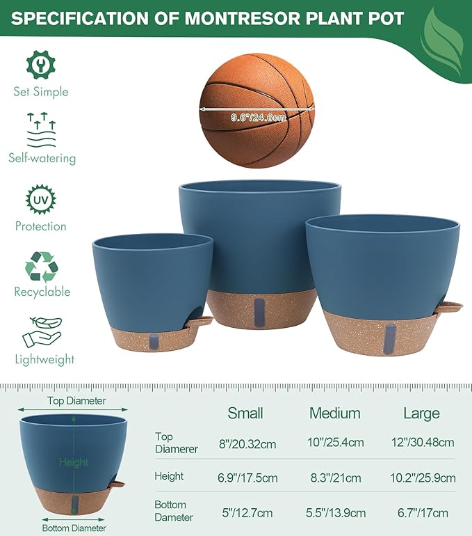 montresor 2 Pack 10 inch Plant Pots, PP Plastic Self Watering Plant Pot with Drainage and Tray for Indoor Outdoor Plants, Water Level Window & Reservoir Flower Pots Decorative Planter (Blue)