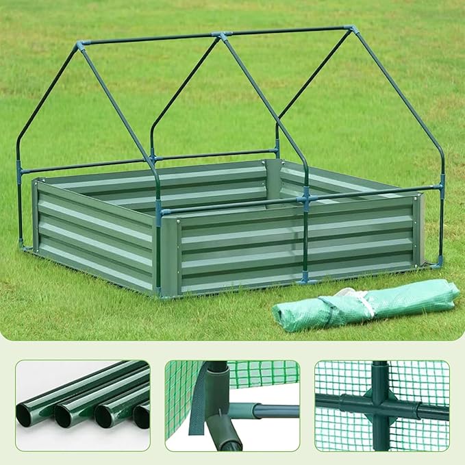 BPS Raised Garden Bed Set, 4x4x1 FT Metal Bottomless Flower Bed with PE Cover for Outdoor Planting, Green