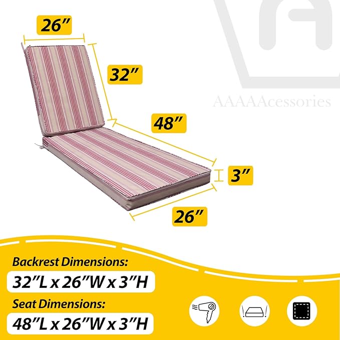 AAAAAcessories Outdoor Chaise Lounge Cushions, Fade-Resistant, Waterproof Patio Furniture Replacement Cushions, 80" x 26" x 3", Set of 2, Dusty Rose Garden Stripe