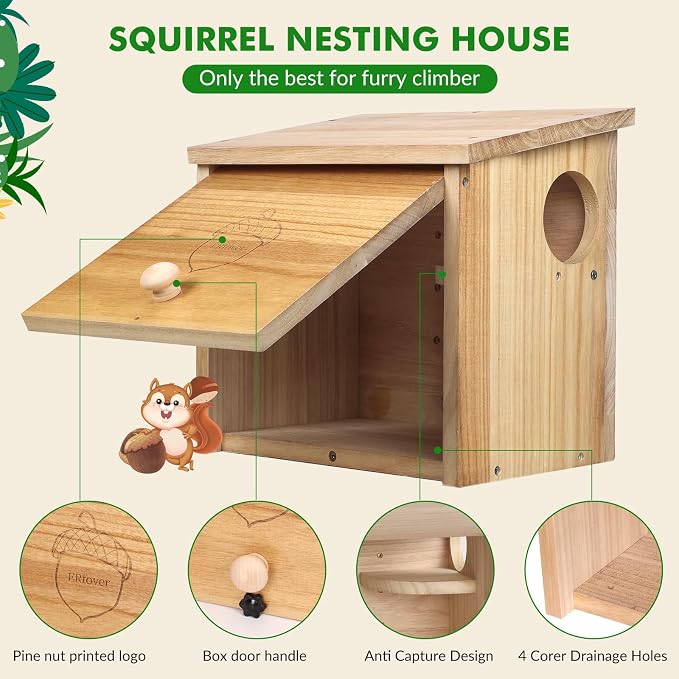 Squirrel Family House Pine Nesting Wooden Box for Shelter Breeding Living Residence with Vanish Finished (Large)