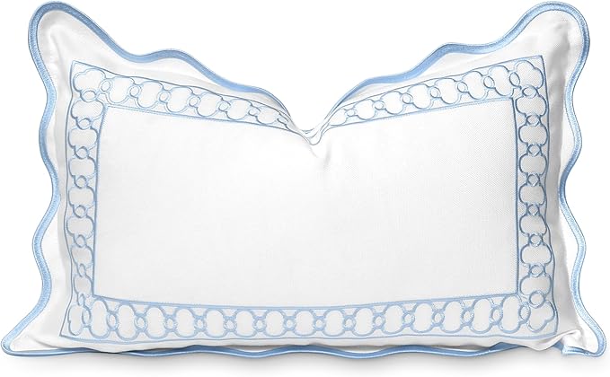 Hofdeco Premium Coastal Patio Indoor Outdoor Scalloped Lumbar Pillow Cover Only, 12"x20" Water Repellent for Backyard, Couch, Baby Blue Embroidered Begonia Pattern Chain Frame