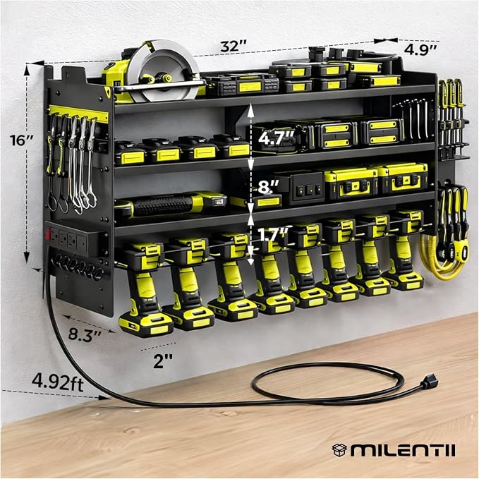 Large Power Tool Organizer Wall Mount, 6-Shelf Heavy Duty Metal Tool Storage Rack with Drill Holder Slots, Side Screwdriver Racks and Hook Bar, Wall Mounted Tool Organizer for Garage Workshop