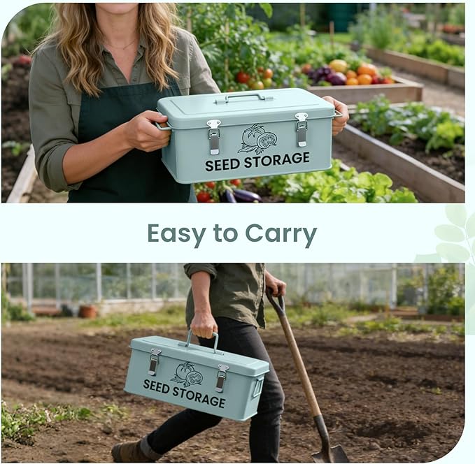 Seed Storage Organizer Box, Metal Seed Box, Garden Seed Organizer with Lid, Seed Containers Storage with 4 Compartments, 30 Seed Holder Organizers, 100pcs Seed Envelopes (Blue)