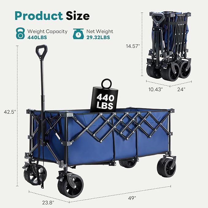 OLIXIS 49" Extra Long Folding Wagon Cart, 440LBS Heavy Duty Collapsible Wagon with Big All-Terrain Wheels, 250L Portable Outdoor Utility Cart for Shopping, Garden, Camping, Grocery, Sports - Blue