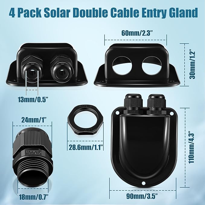 Enhon 4 Pack Solar Cable Entry Gland, Weather Resistant Solar Gland, Dual Cable Entry Housing for All Types 3mm² to 10mm² RV, Caravan, Marine, Boat, Cabin (Black)