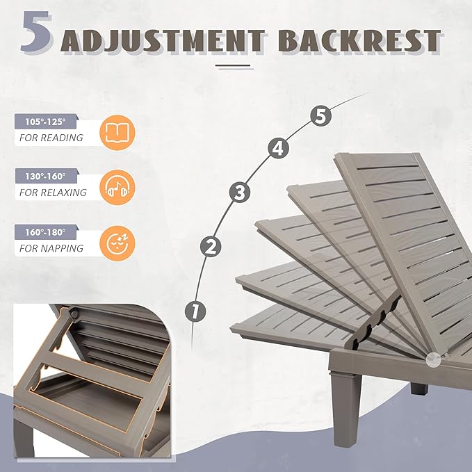 Outdoor Chaise Lounge Set of 2,Lightweight Patio Chairs,Waterproof Sun Loungers Chair Outdoor,5-Positions Adjustable Pool Lounge Chair for Garden Beach Patio Poolside Lawn and Deck,Striped Grey