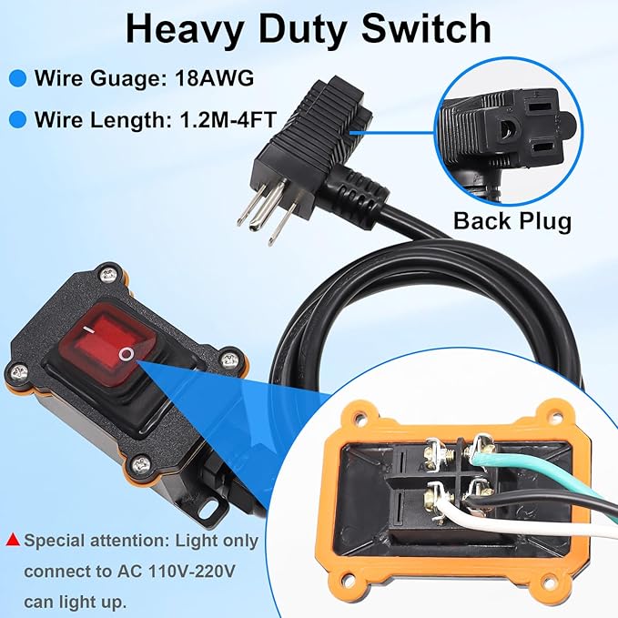 TWTADE IP67 Waterproof Inline Cord Switch with 4ft 18AWG Cable Piggyback Plug(3-Pronged), Extension Cord with Switch On/Off, Outdoor Power Switch with Red Light Rocker Button 20A/125V 16A/250V AC