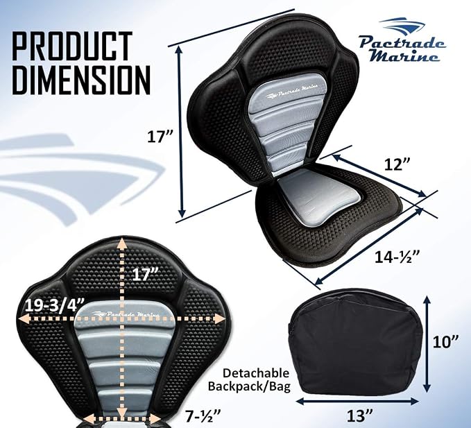 Pactrade Marine Adjustable Straps Black Gray Padded Deluxe Kayak Seat Detachable Storage Back Backpack Bag Canoe Backrest Support Cushion Sit On Top Fishing Brass Clips Canoeing Kayaking Rafting (2)