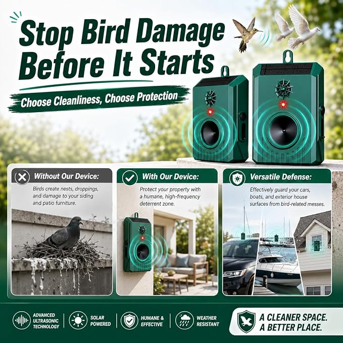 2Pack Solar Ultrasonic Bird Repellent Outdoor, Woodpecker Deterrent&Weatherproof Pigeon Bird Deterrents for Outside,Birds Repeller Scare Devices,Keep Birds Away Balcony,Yard,Farm,Orchard