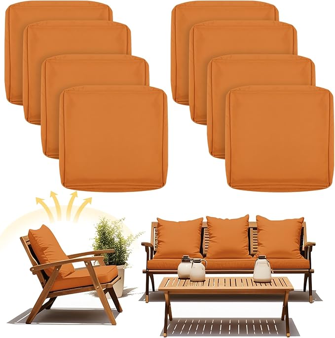 Mindsoft 8 Pcs 24"x24" Patio Cushion Covers Outdoor Cushion Covers Replacement High UV Resistant Anti Slip Waterproof Patio Chair Seat Slipcovers for Outdoor Furniture(Orange)