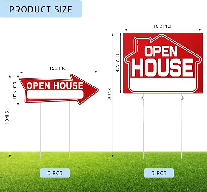 Open House Signs for Real Estate (9 Pcs), 6 Pcs Directional Arrows Signs, 3 Pcs Open House Sign, Double Sided Large Yard Sign with Stakes, Real Estate Agents Supplies, Flag - compatible, Red