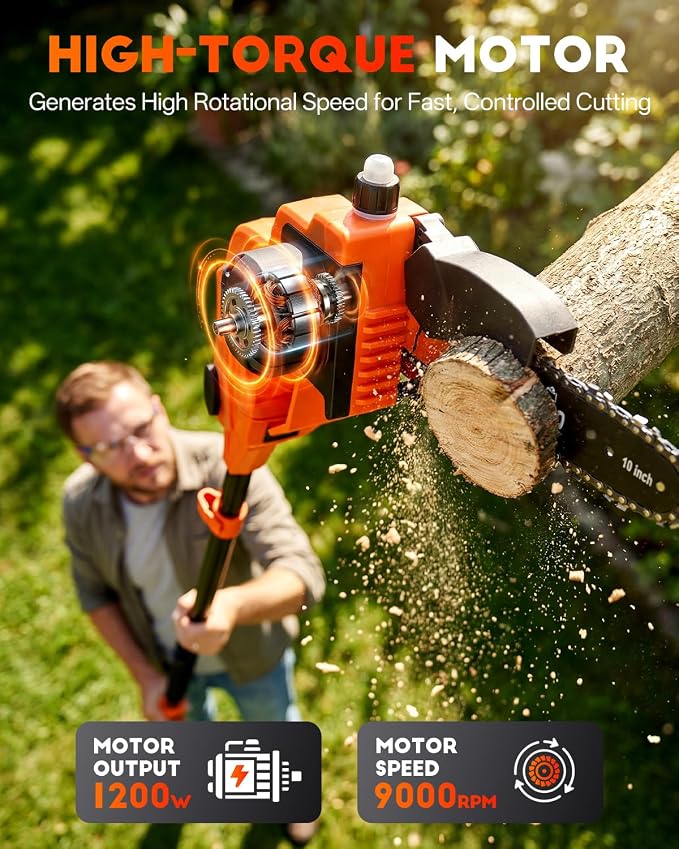 Electric Pole Saws for Tree Trimming, 3-in-1 Bruless Motor Mini Chainsaw & Pole Saw, 8‘’ & 10‘’ Cordless Chainsaw with Extendsion Pole, 2x4000mAh Li Batteries & Charger, 16FT Max Reach
