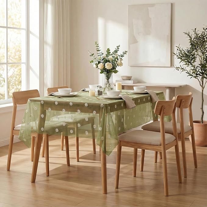 Horaldaily Sage Green Embroidery Daisy Spring Summer Gauze Tablecloth 60×120 Inch Rectangular, Seasonal Tulle Table Cover, Garden Party Decorations for Wedding, Party, Holiday Dining