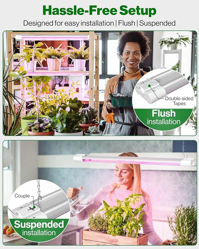 Sunco 6 Pack 2ft Grow Light LED, 20W, Full Spectrum, For Seed Starting, Seedling, Indoor Plants, Plug In Suspended Fixture, Link Up To 8, Inline Switch, ETL