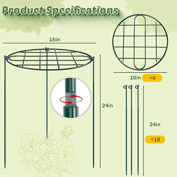 6 Pack 16 x 24 inch Peony Cages and Supports,Metal Grow Through Plant Supports for Outdoor Plants,Flowers Support Rings Top-Heavy Plant Brace Support Hoop for Vegetables,Rose,Tomato,Orchids