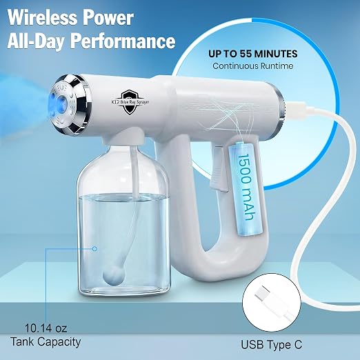 Cordless Disinfectant Fogger Machine with 300ML Tank - 1.5–2M Coverage Portable Barber Spray Gun with 5500 RPM Motor Blue-Light, 1500mAh Battery 55 Minutes Runtime - Handheld Fogger for Home Business