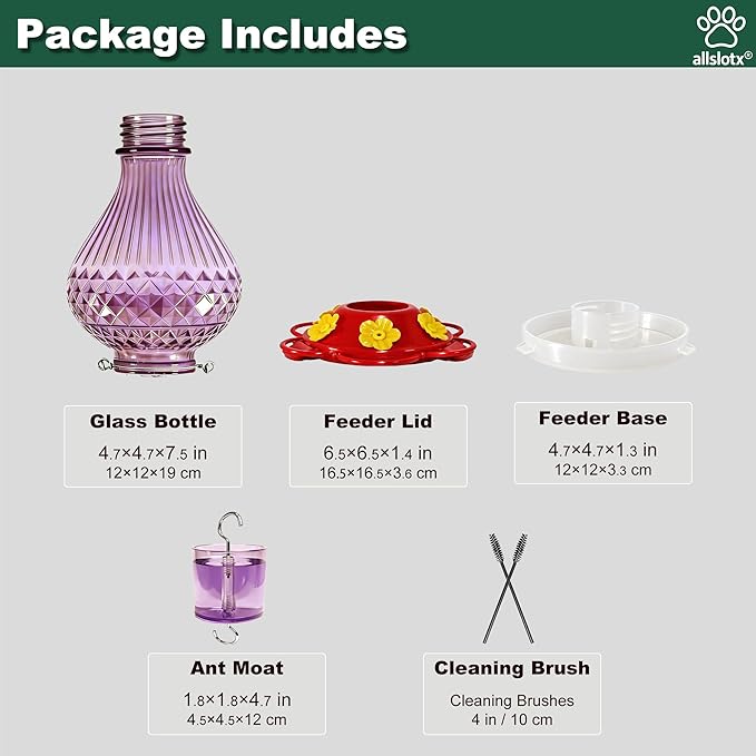 Glass Hummingbird Feeder for Outdoors Hanging, 20 oz Nectar Capacity, 6 Feeding Ports, Leak-Proof Rust-Free Plastic Base, Easy to Refill & Clean, Decorative Purple Glass Bird Feeder for Garden Patio
