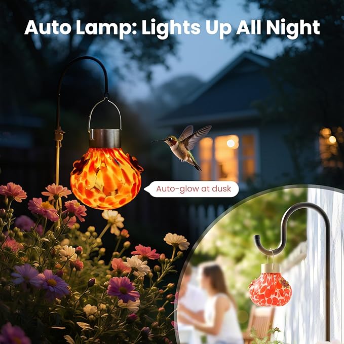 Hummingbird Feeder with Solar Light, Outdoor Glass Hummingbird Feeder, Auto-Lighting Solar Lamp for Garden Decor, 3 Feeding Ports Attract More Birds, Waterproof Design, Ideal Gift (Red)