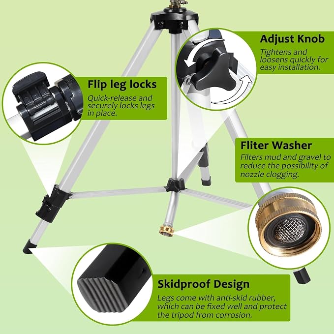 Heavy Duty Impact Sprinkler on Tripod Base,2 Pack 50 Inch Tripod Sprinkler with Brass Nozzle for Yard Large Area,Extra Tall 360 Degree Rotating,Waters Up to 90 Ft,Legs Extend Up to 50"