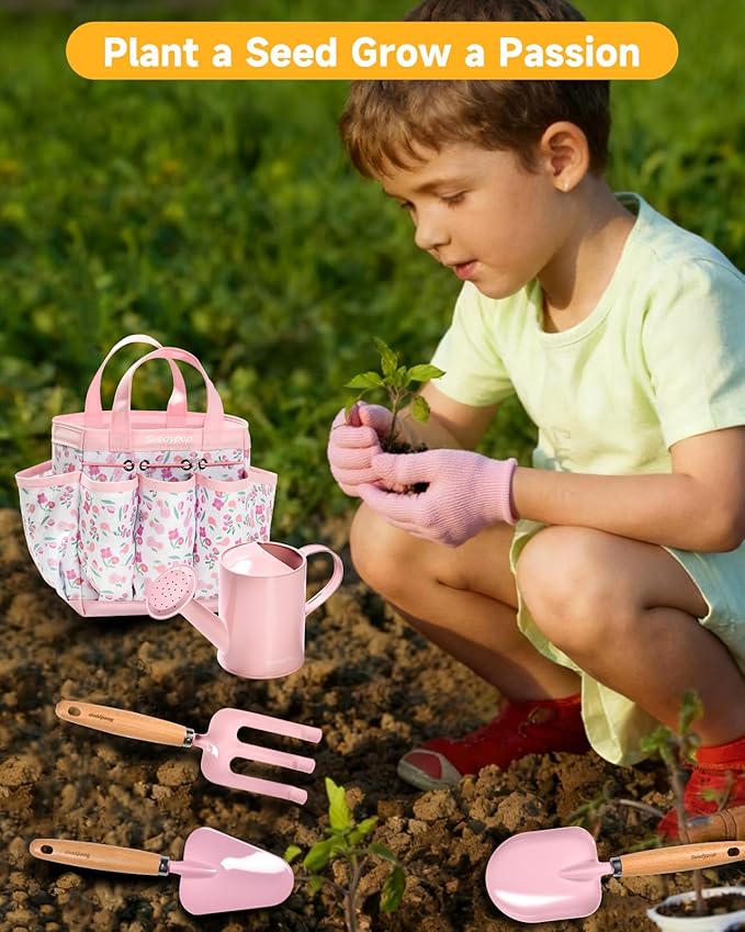 Handmade Kids Gardening Tools Set - 8Pc Artisan Garden Kit with Real Wood Handles, Metal Heads, Bunny Hat, Apron & Tote - Educational Nature Gift for Toddlers & Girls (Pink Floral)