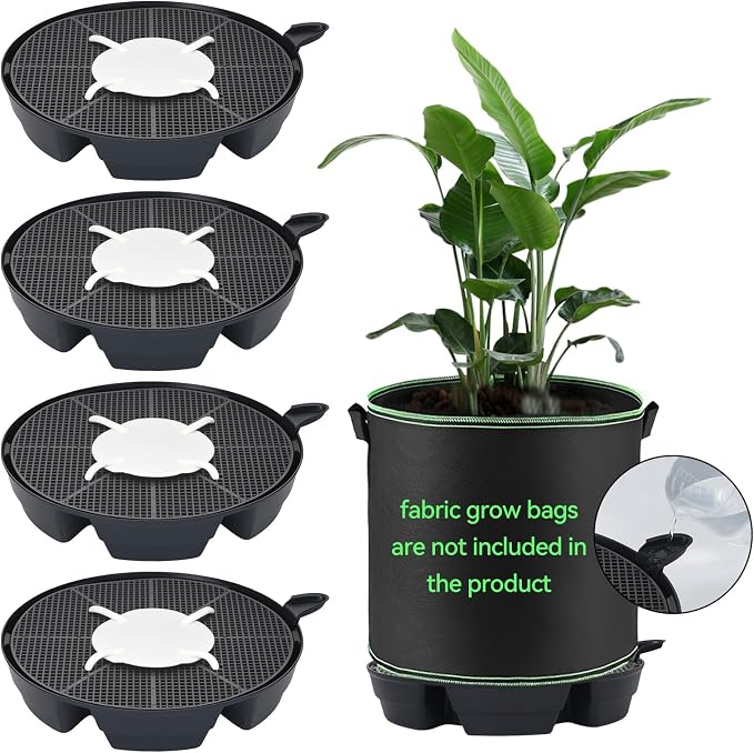 OTraki 4-Pack Self Watering Fabric Pot Base, Auto Watering System for 5 Gallon Fabric Pots, Plastic Plant Saucer Stand with Watering Lip Outdoor Garden Watering Base Plant Water Tray | Auto Watering System Plastic Plant Saucer Stand with Watering Lip O...